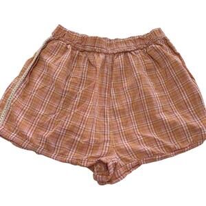 Free People Shorts Womens Small Orange Pink Plaid Boho Crochet Trim 100% Cotton